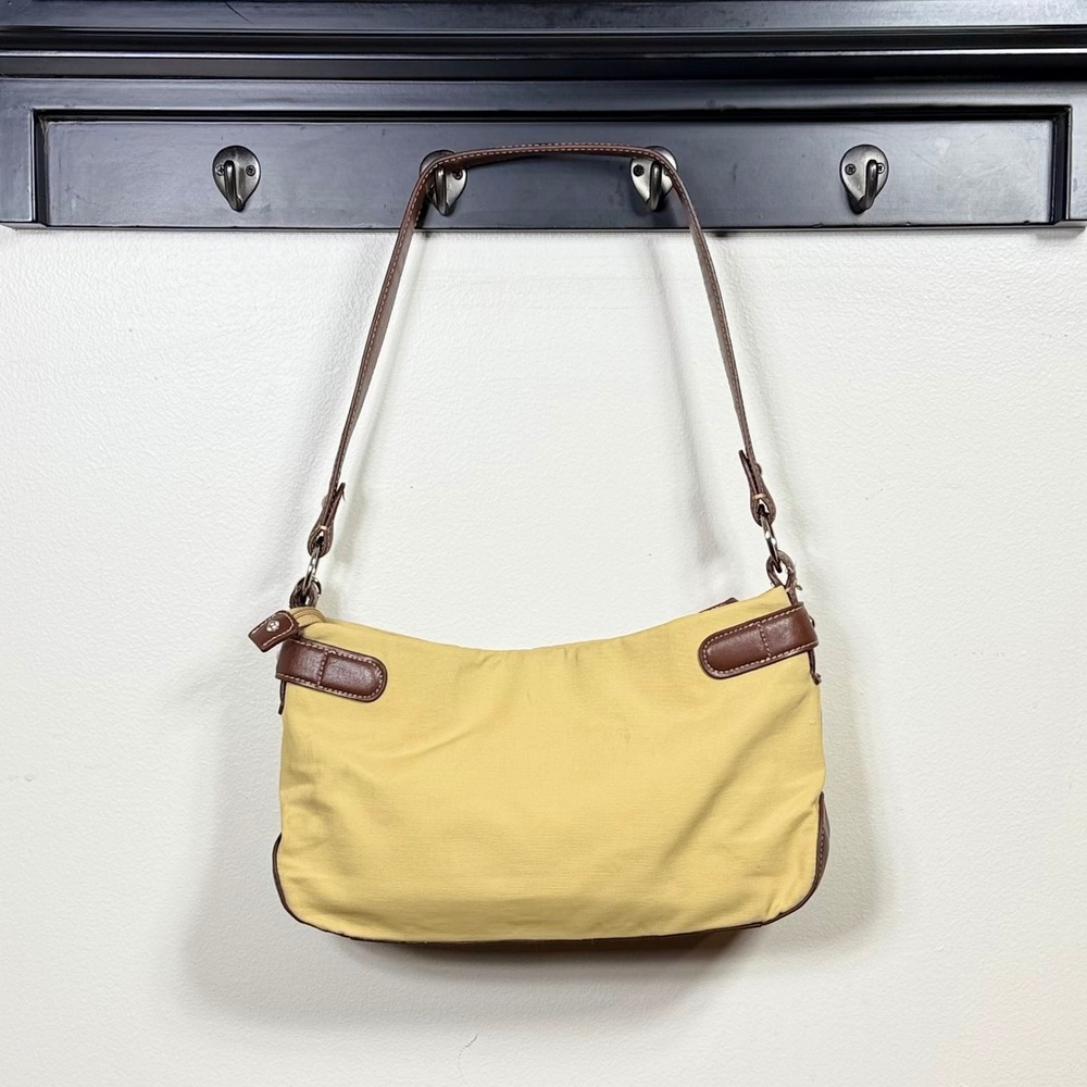 Etienne Aigner Small Shoulder Bag Tan Brown Trim Pockets Buckle Y2K Preppy - Picture 2 of 11